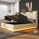 Deptford LED Gaming Bed with Ottoman Storage, in white faux leather, storage open by a window