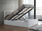 Ruislip wooden ottoman bed in white, with the gas lift storage open
