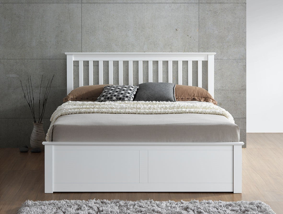 Ruislip wooden ottoman bed in white, from the foot end