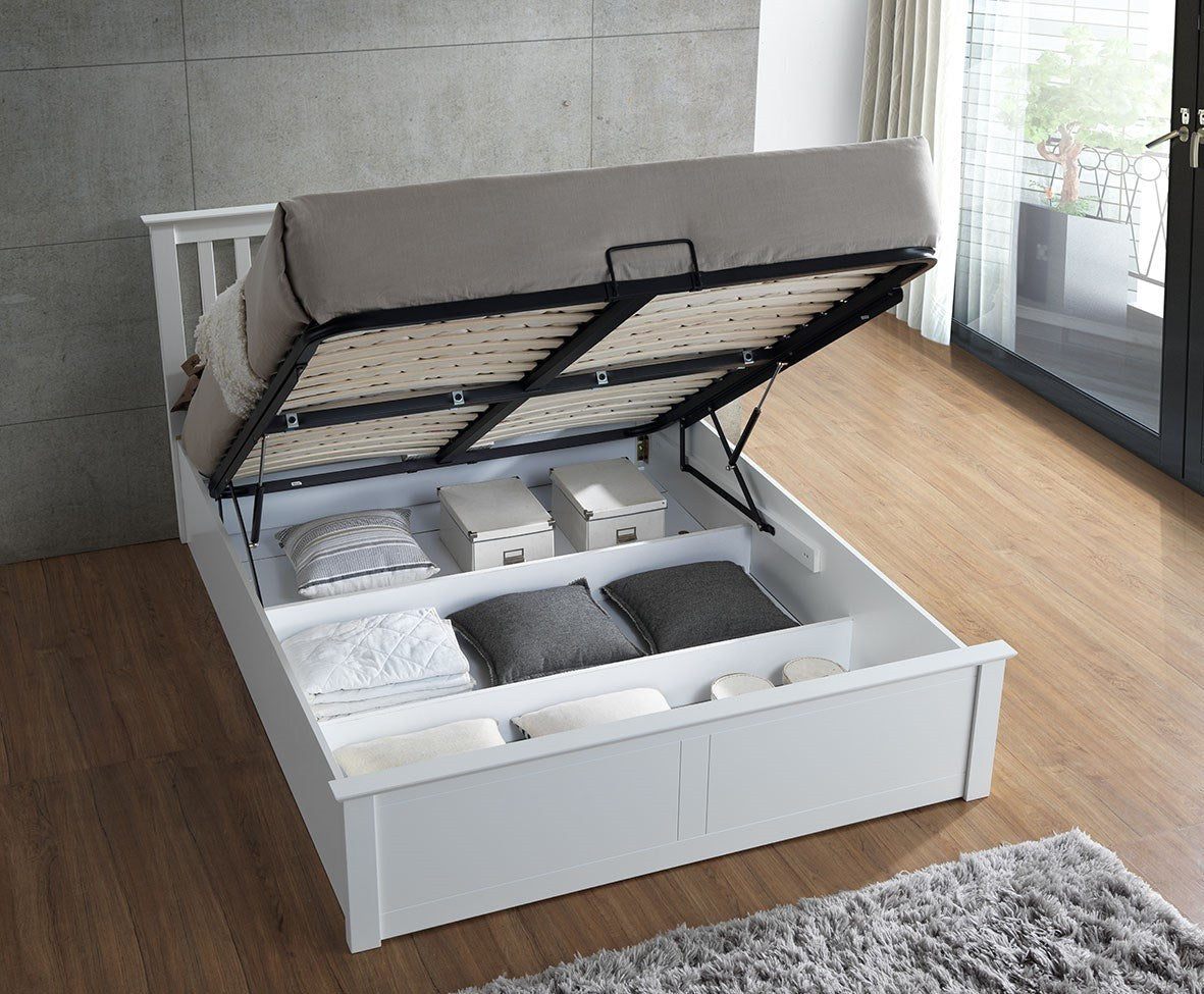 Ruislip wooden ottoman bed in white, storage open, showing the three sections