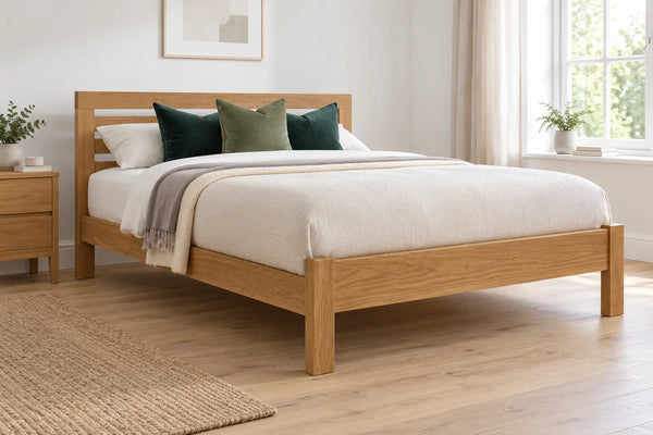 Marylebone solid oak super king bed, shown in a bright UK bedroom