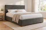 Mayfair dark grey ottoman bed frame, shown in a bright UK bedroom