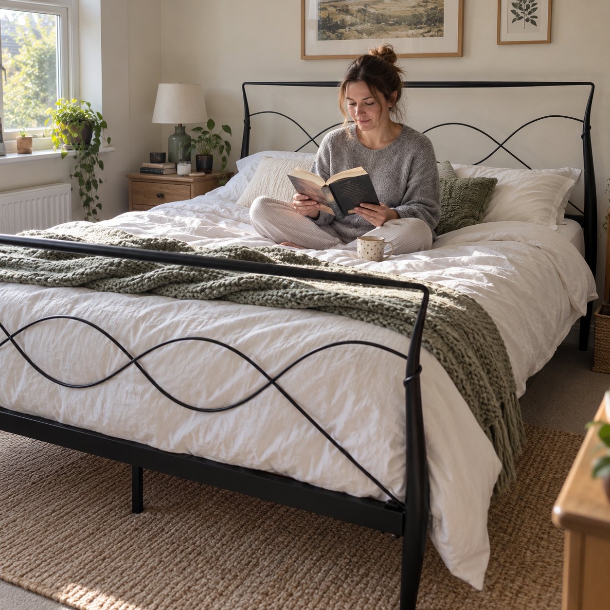 Woman reading on the Ladbroke black metal king size bed on a Sunday morning (AI-generated illustration of this frame; bedding for illustration, mattress not included)