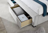 Hendon velvet storage bed in grey velvet, a side drawer open