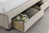 Hendon velvet storage bed in warmstone velvet, a drawer open