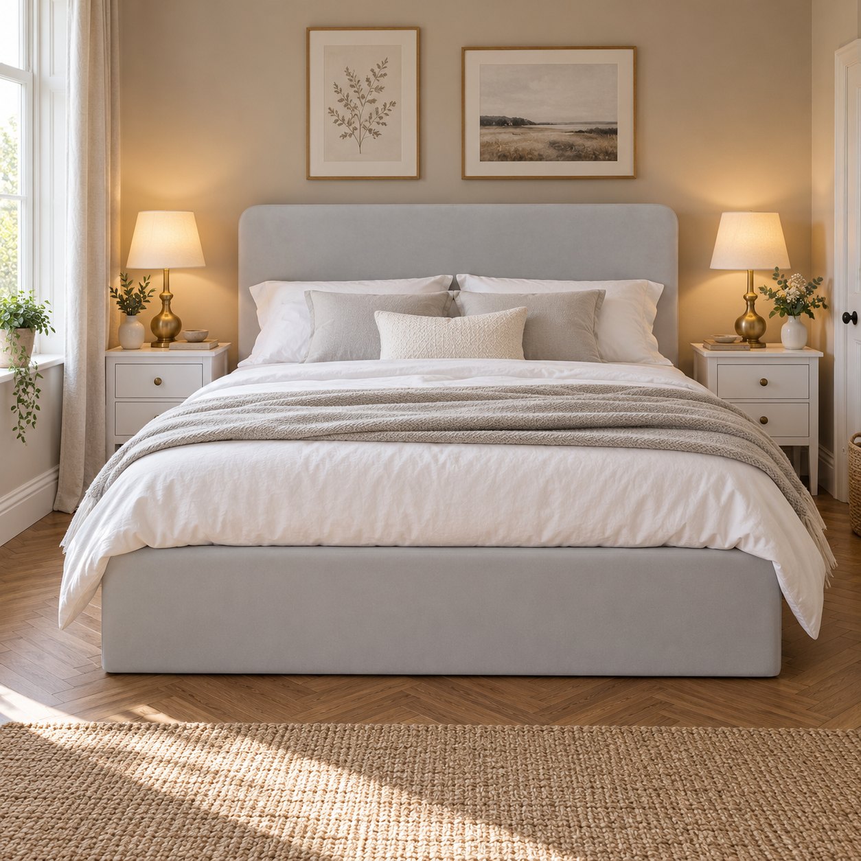 Brompton soft grey ottoman bed seen from the foot end, with its plain 100 cm headboard (AI-generated illustration of this frame; bedding for illustration, mattress not included)