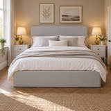 Brompton soft grey ottoman bed seen from the foot end, with its plain 100 cm headboard (AI-generated illustration of this frame; bedding for illustration, mattress not included)