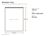 Brompton king size dimensions diagram: 162 x 214 cm outside, 100 cm headboard
