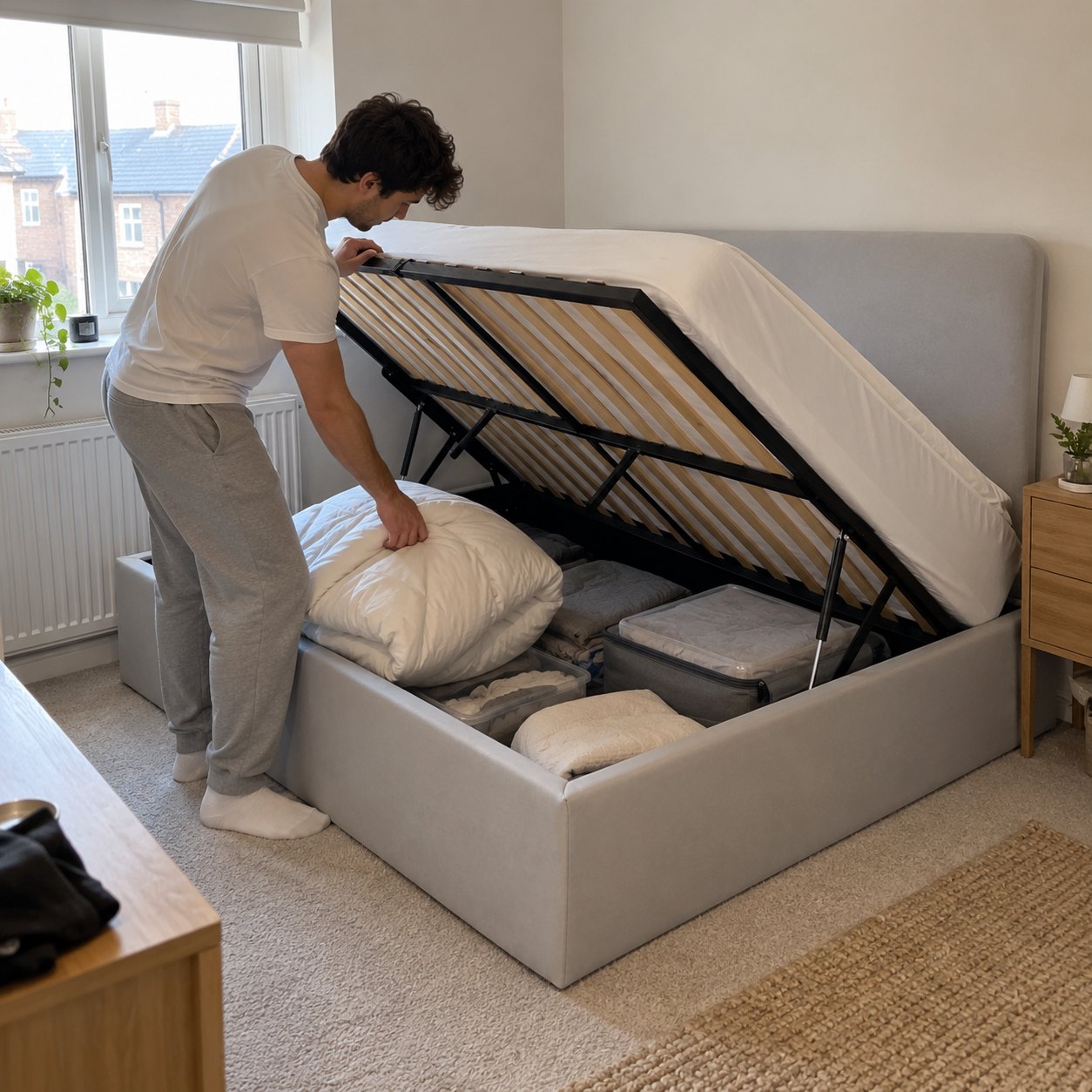 Man lifting the Brompton ottoman base from the side to put away a winter duvet (AI-generated illustration of this frame; bedding for illustration, mattress not included)