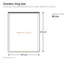 Camden velvet ottoman bed, king size: dimensions diagram, 167 x 212 cm outside, headboard 84 cm