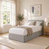 Hackney corduroy ottoman bed in grey, in a bright bedroom (AI-generated illustration of this frame; bedding for illustration, mattress not included)