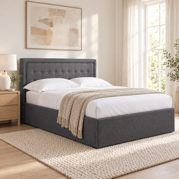 Hammersmith grey fabric ottoman bed with a buttoned headboard, in a bright bedroom, view 1