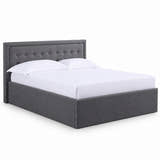 Hammersmith grey fabric ottoman bed with a buttoned headboard, on a white background (AI-generated illustration of this frame; bedding for illustration, mattress not included)