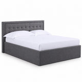 Hammersmith grey fabric ottoman bed with a buttoned headboard, on a white background