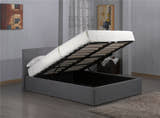 Harlesden grey fabric ottoman bed with the base lifted to show the storage