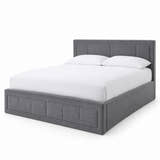 Holland grey velvet ottoman bed frame with a panelled headboard, on a white background (AI-generated illustration of this frame; bedding for illustration, mattress not included)