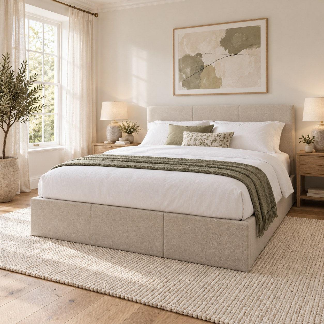 Pimlico side lift ottoman bed in natural hopsack fabric in a bright bedroom (AI-generated illustration of this frame; bedding for illustration, mattress not included)