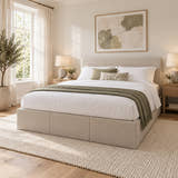 Pimlico side lift ottoman bed in natural hopsack fabric in a bright bedroom (AI-generated illustration of this frame; bedding for illustration, mattress not included)