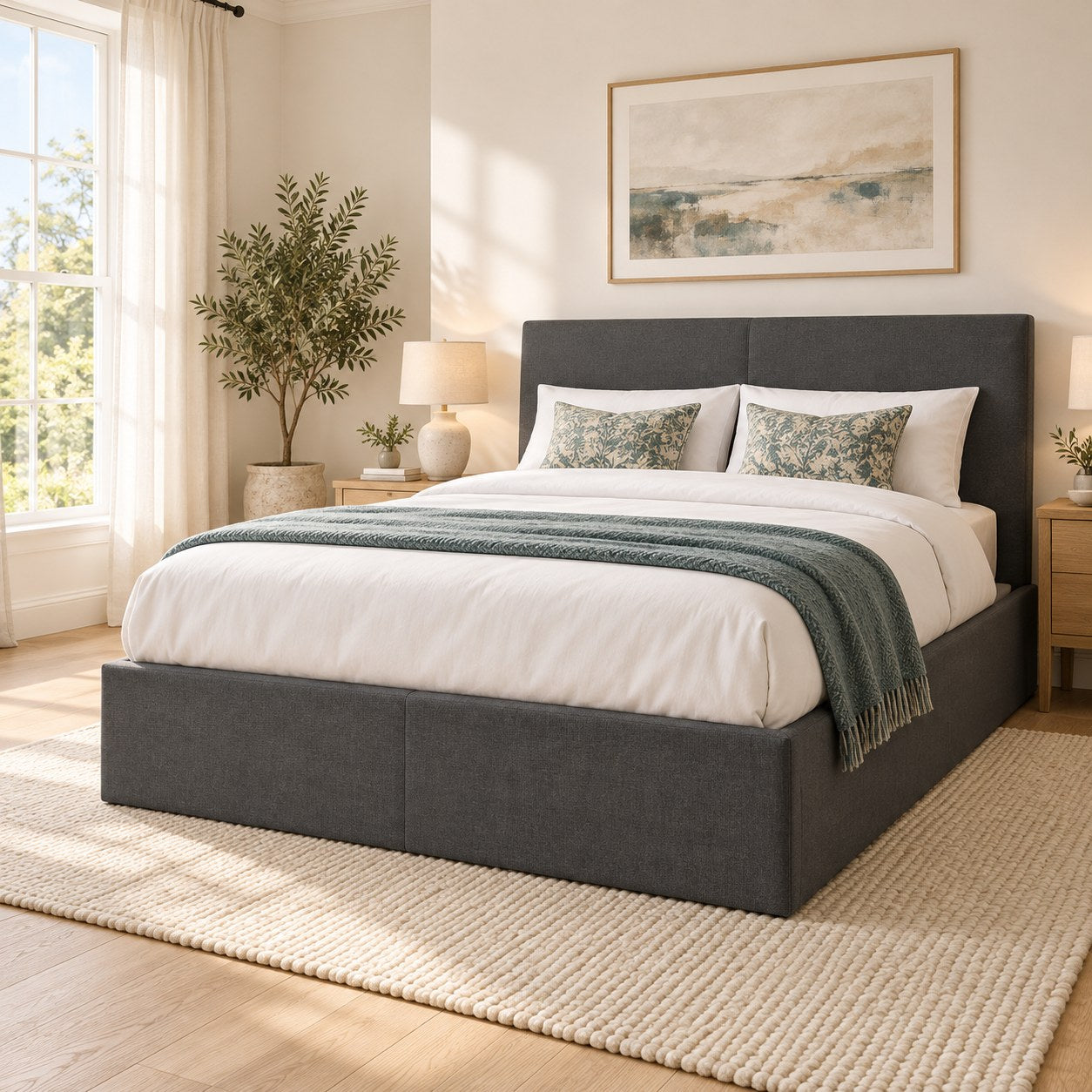 Sydenham grey fabric ottoman bed with a 115 cm headboard, seen from the side in a bright bedroom (AI-generated illustration of this frame; bedding for illustration, mattress not included)
