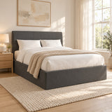 Sydenham grey fabric ottoman bed with a tall 115 cm headboard, in a bright bedroom