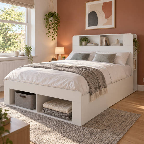 Westbourne white ottoman bed with a bookcase headboard, side shelves and two open cubbies at the foot, in a bright bedroom (AI-generated illustration of this frame; bedding for illustration, mattress not included)