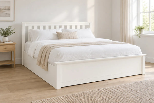 Pembroke white wooden super king ottoman bed, shown in a bright UK bedroom
