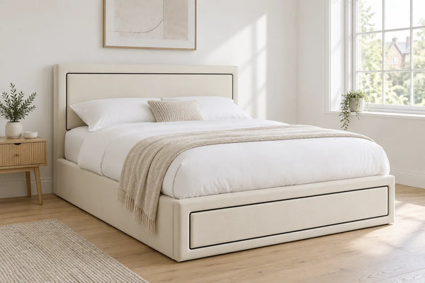 Savoy velvet ottoman bed with a deep padded headboard, shown in a bright UK bedroom
