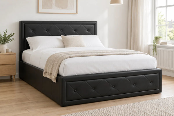 Shoreditch black faux leather ottoman bed, shown in a bright UK bedroom