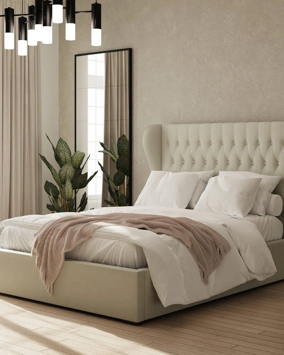 Sloane ottoman bed frame with a 130 cm headboard in natural linen