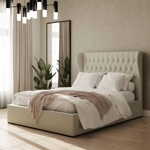 Sloane ottoman bed frame with a 130 cm headboard in natural linen