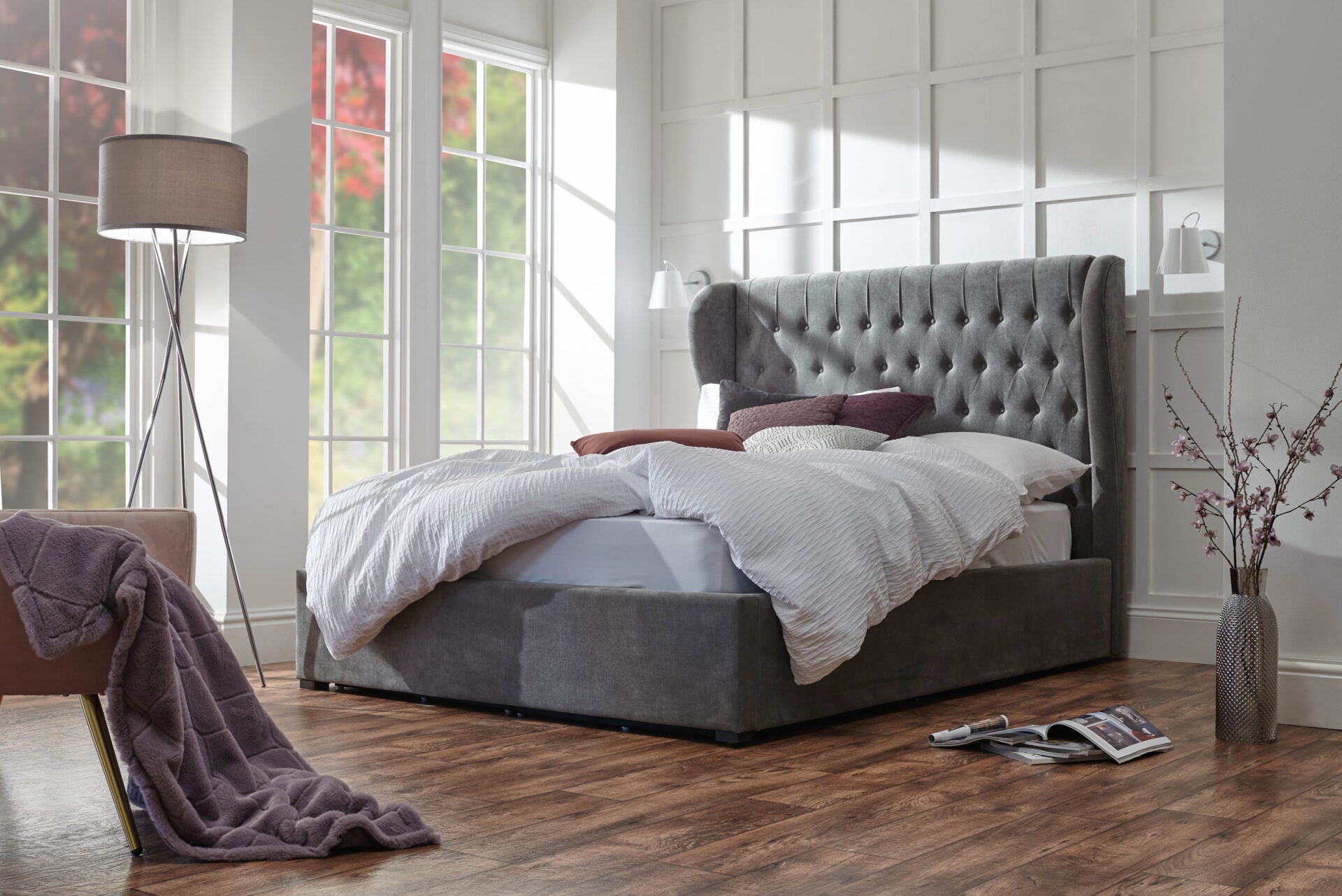 Sloane ottoman bed frame with a tall buttoned headboard in pewter chenille