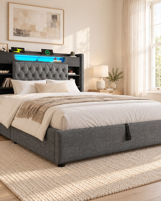 Kilburn smart bed in grey linen with its shelved LED headboard, in a bright bedroom (AI-generated illustration of this frame; bedding for illustration, mattress not included)