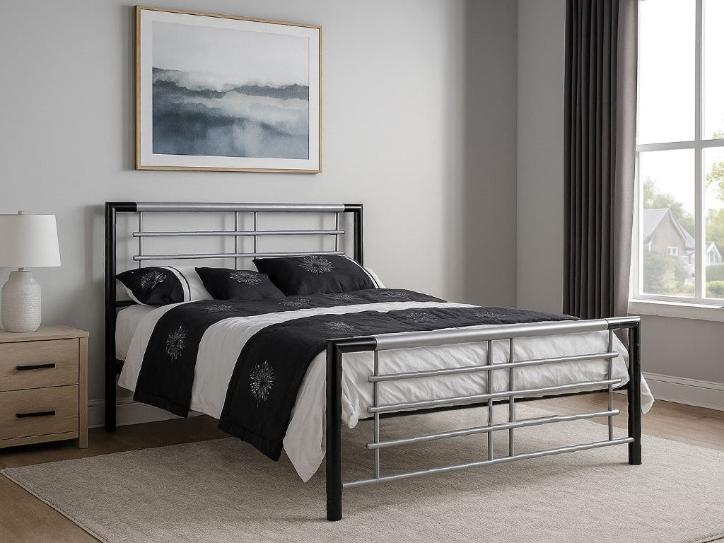 Southwark black and silver metal bed frame, in a bedroom