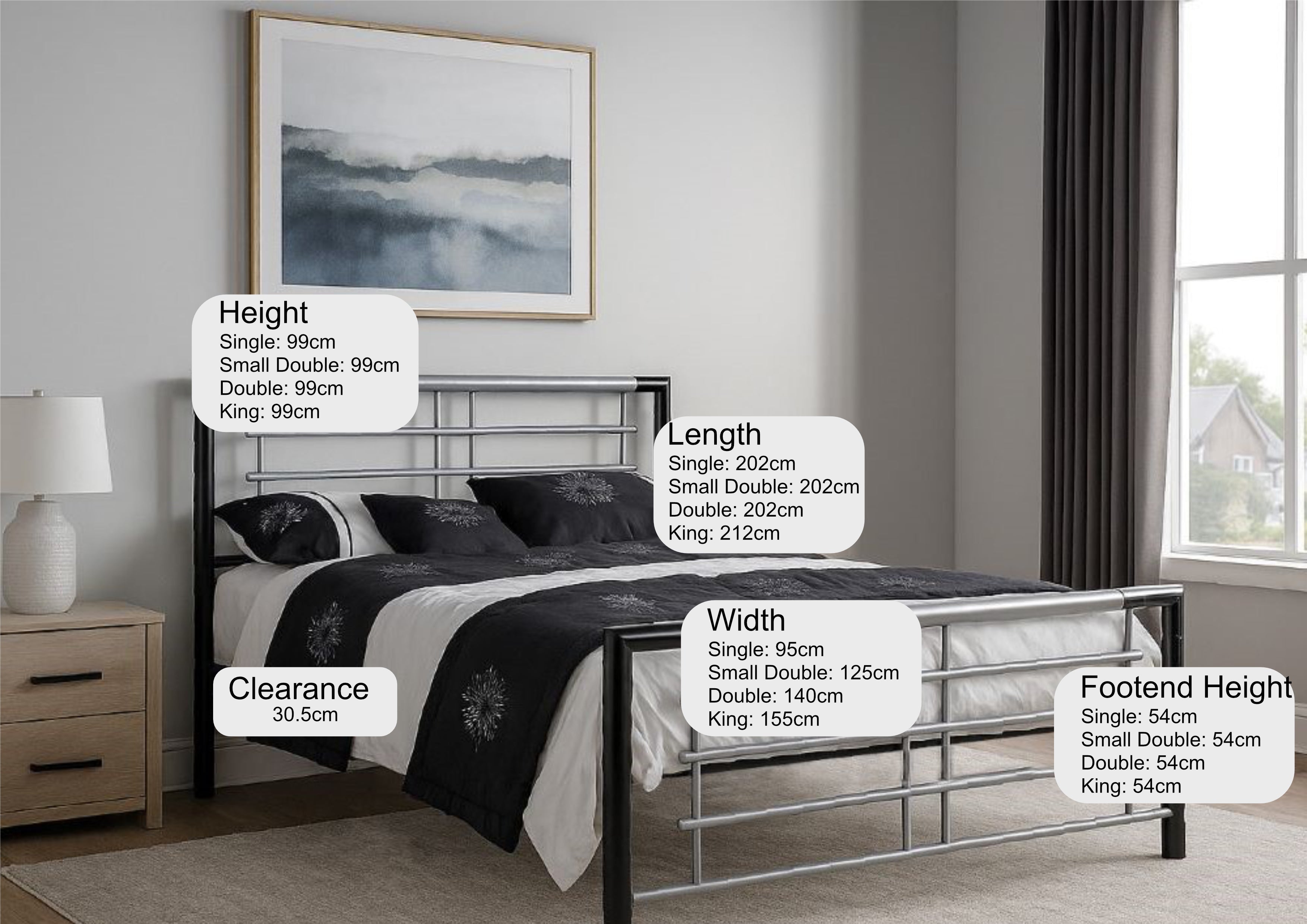 Southwark black and silver metal bed frame, in a bedroom with its height, width and clearance marked