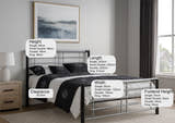 Southwark black and silver metal bed frame, in a bedroom with its height, width and clearance marked