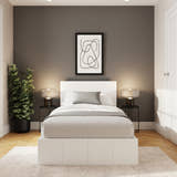 Stratford end lift ottoman bed, in white, in a bedroom with one framed print