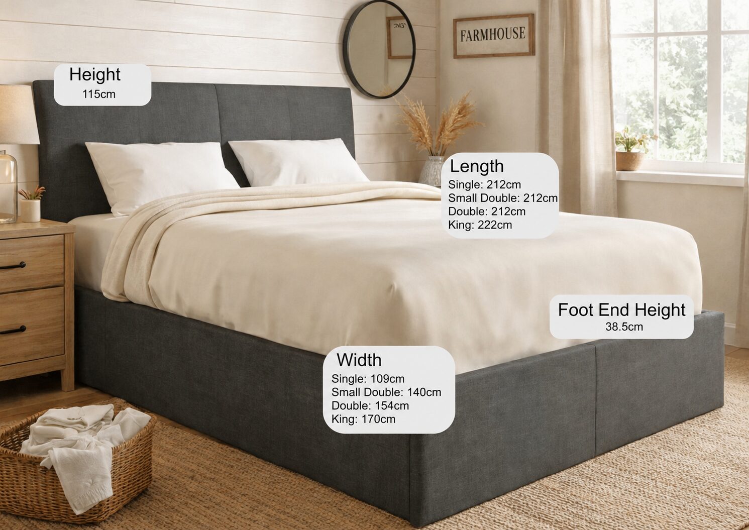 Sydenham ottoman bed with its height, length, width and foot end height marked