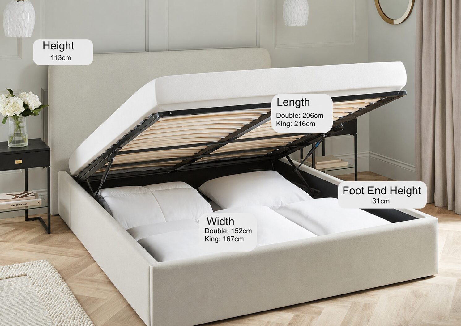 Twickenham oatmeal fabric ottoman bed, in a bedroom with its height, width and length marked