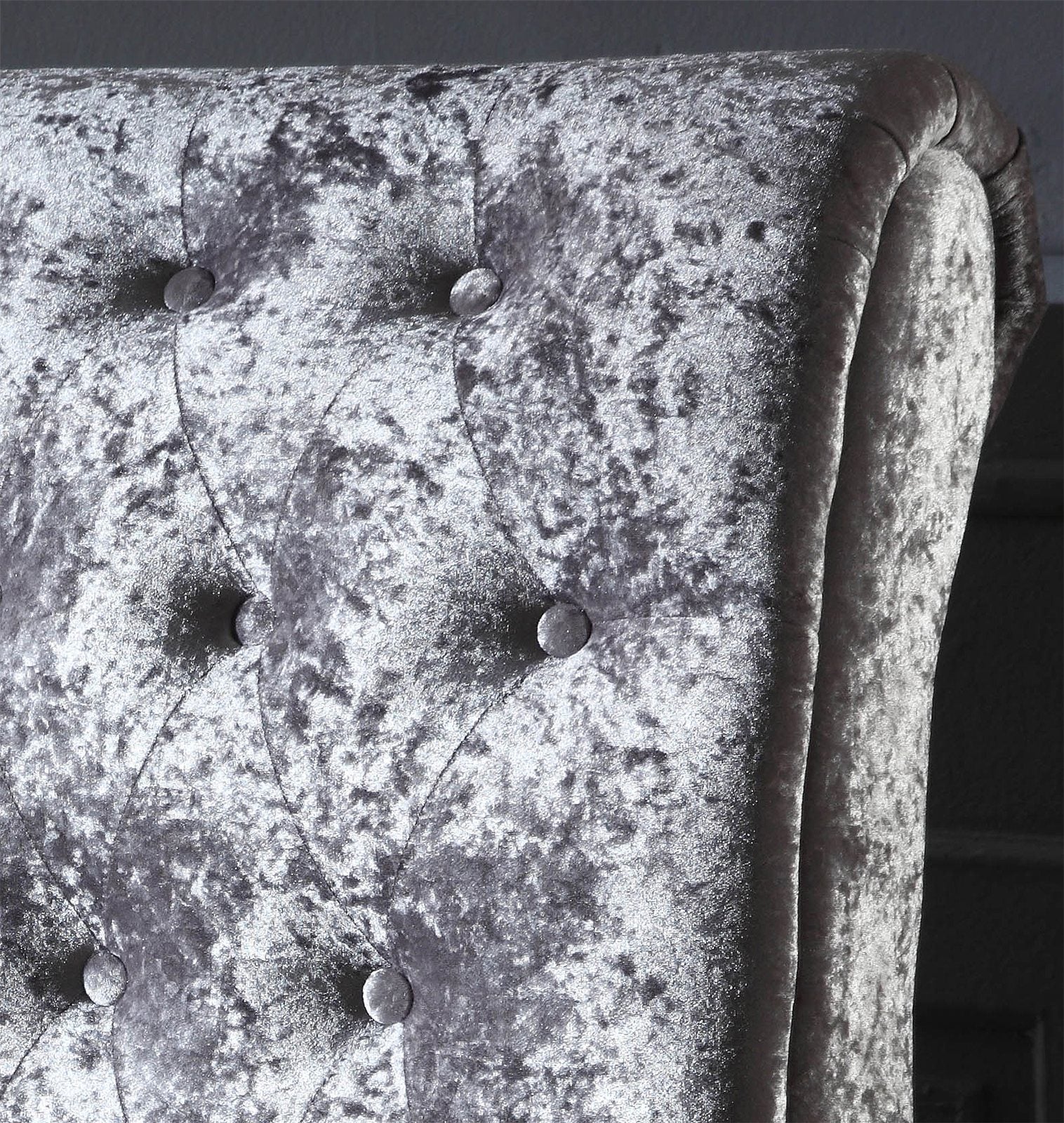 Kensington sleigh bed: crushed velvet and buttons, close up