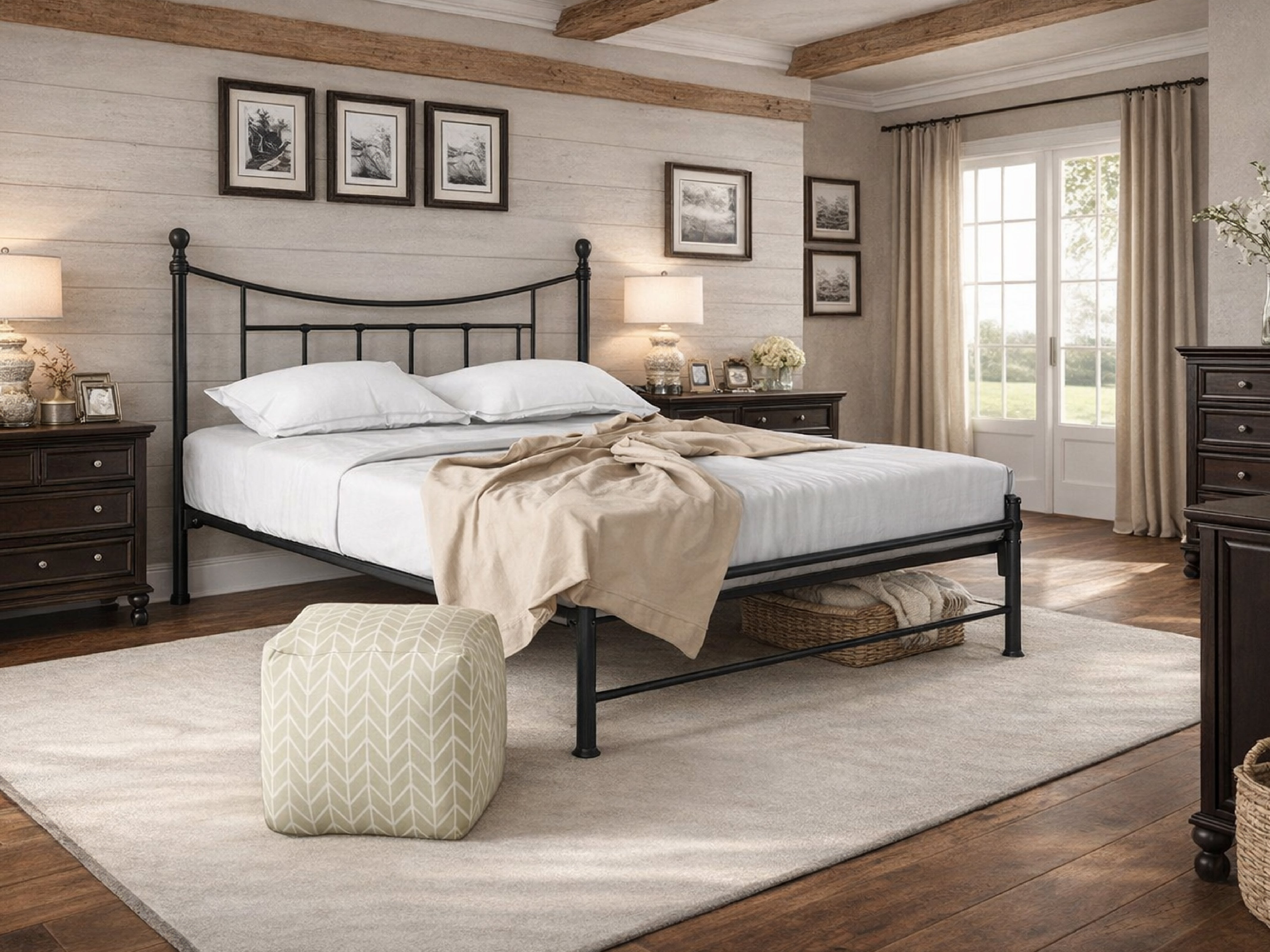 Walthamstow metal bed frame with a low foot end, in black, in a bedroom