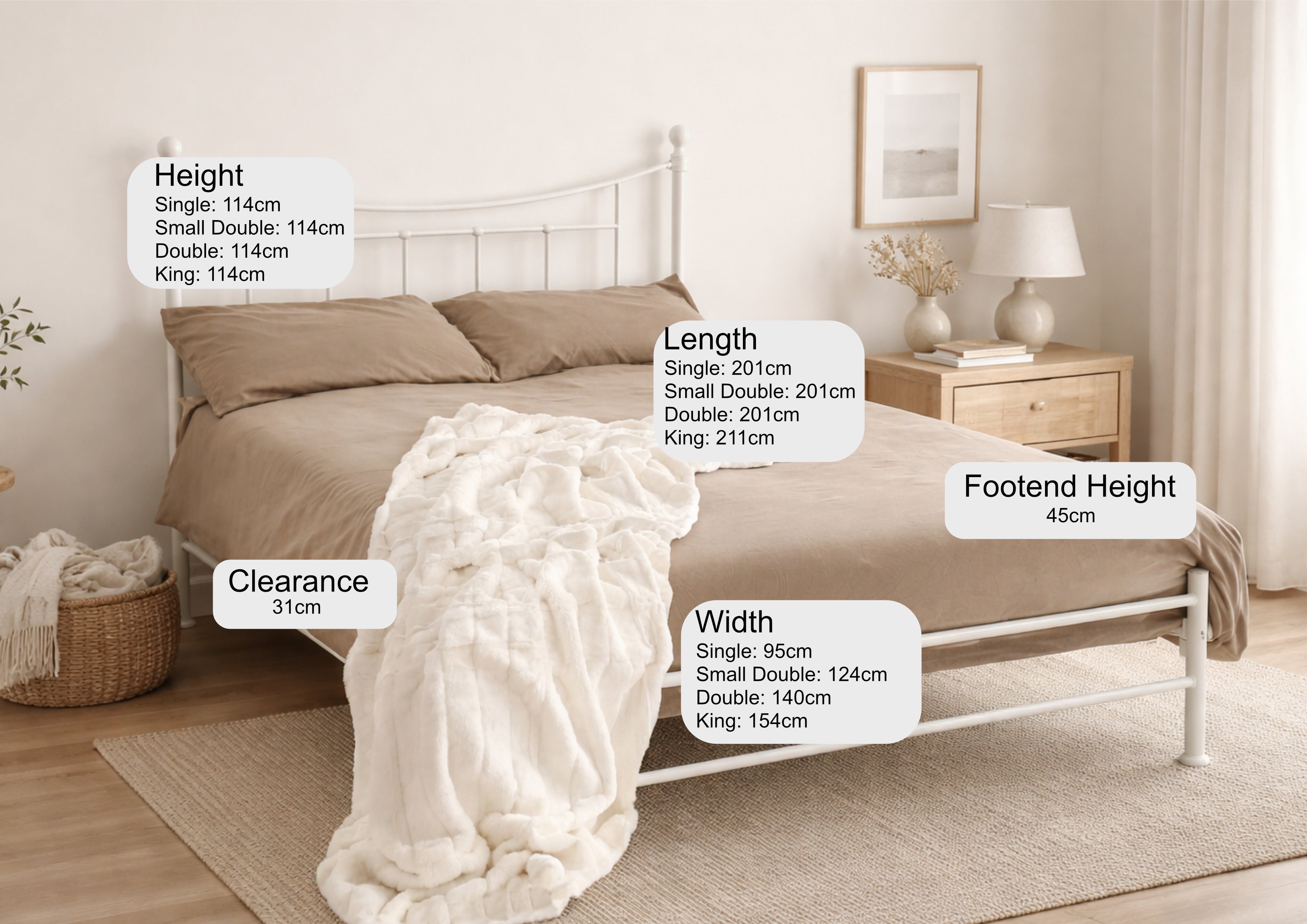 Walthamstow metal bed frame with a low foot end, in ivory, in a bedroom with its height, width and clearance marked
