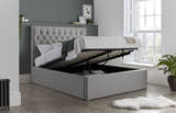 Wembley fabric ottoman bed in grey, with the storage half open
