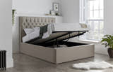 Wembley fabric ottoman bed in oatmeal, with the storage half open