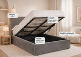Wimbledon smoked grey velvet ottoman bed, in a bedroom with its height, width and length marked