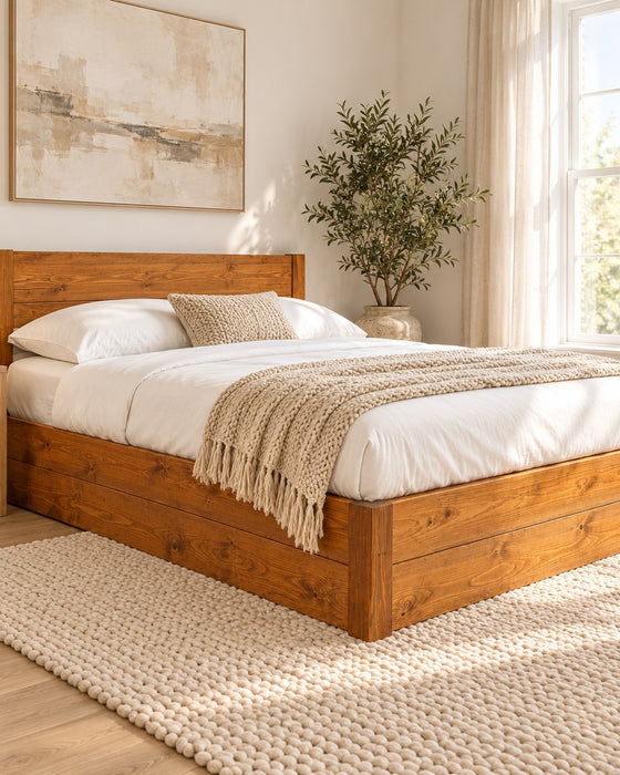 Eltham solid pine ottoman bed, medium finish, in a bright bedroom (AI-generated illustration of this frame; bedding for illustration, mattress not included)