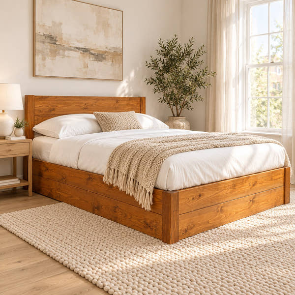 Eltham solid pine ottoman bed, medium finish, in a bright bedroom (AI-generated illustration of this frame; bedding for illustration, mattress not included)